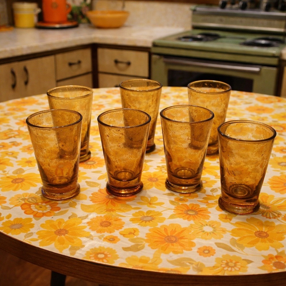 Vintage Amber Seeded Glass Tumblers Hand Blown Bubble Glass Set of 6 MCM Brown